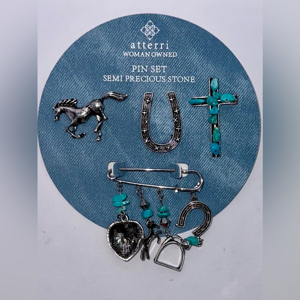 ATTERRI WOMAN OWNED SILVER TONE SEMI PRECIOUS STONE 4 PINS EQUESTRIAN MOTIF NIP